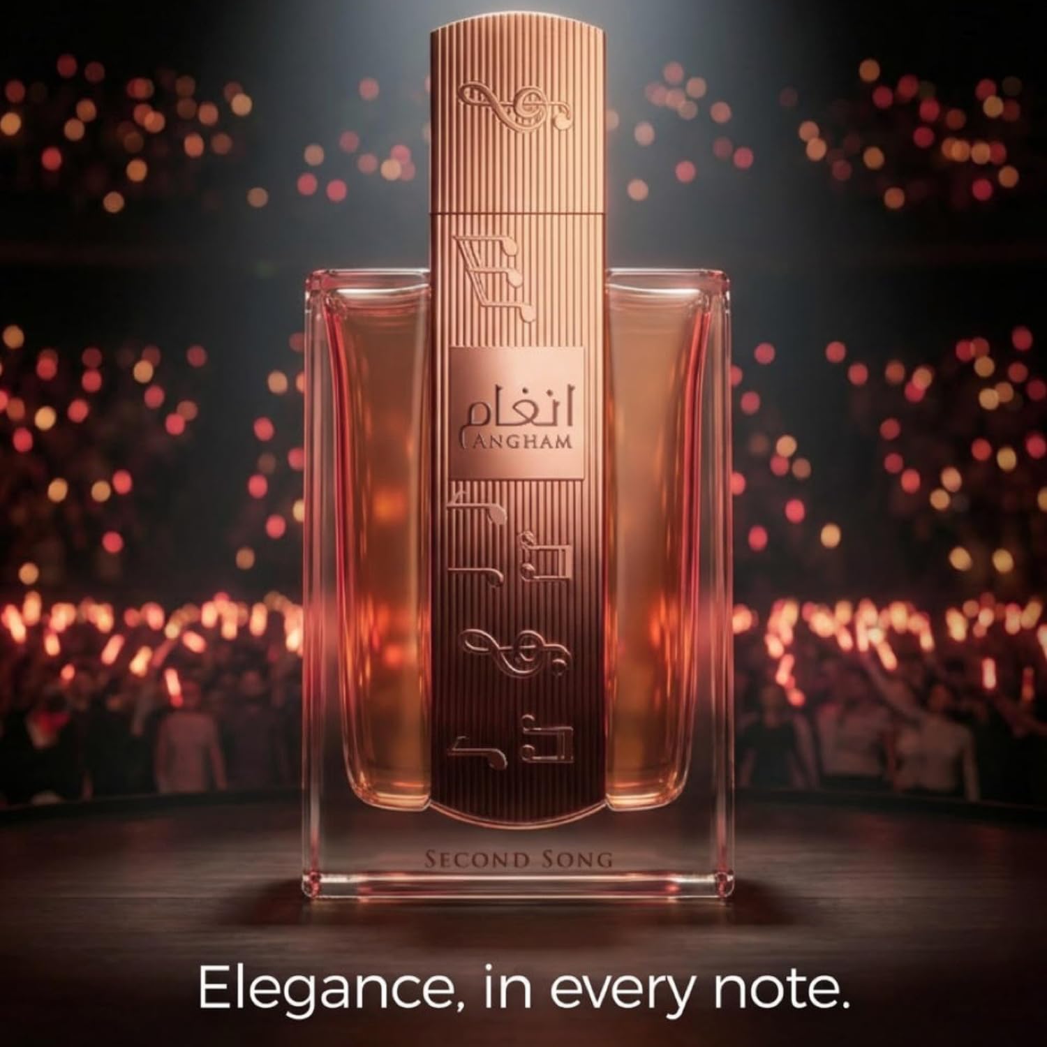 Lattafa Angham perfume bottle with elegant pink and gold design