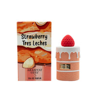 Sugar Strawberry Tres Leches EDP by Arabiyat Prestige with cake-inspired box and bottle featuring a strawberry cap. 100ml sweet gourmand fragrance.