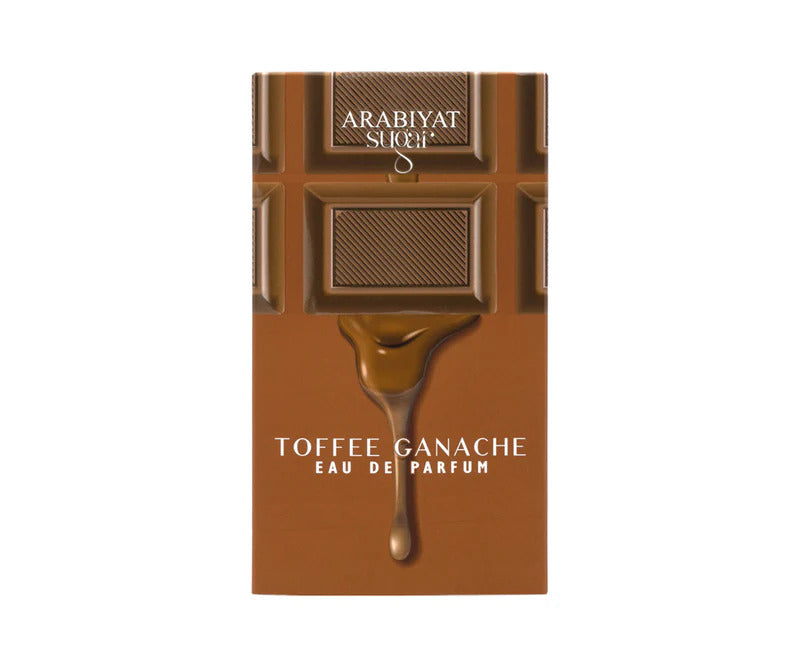 Arabiyat Sugar Toffee Ganache Eau de Parfum box featuring a chocolate bar design with dripping ganache, highlighting its sweet scent profile.