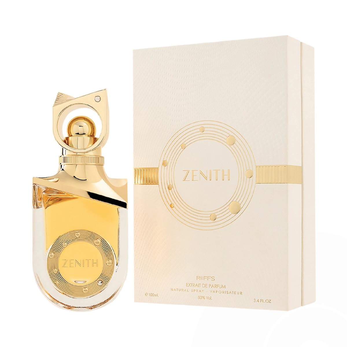 Zenith perfume box with elegant white and gold packaging