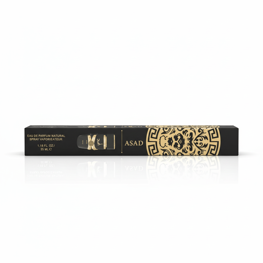 Lattafa Asad perfume box with lion design and black and gold packaging