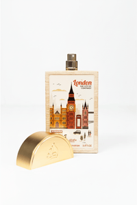 London perfume with gold cap and cityscape design
