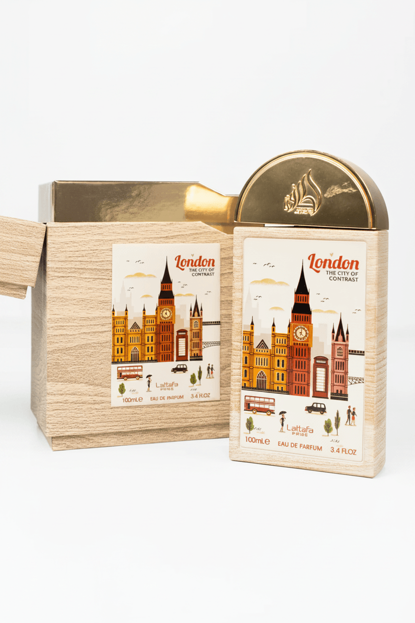 London perfume box with cityscape illustration