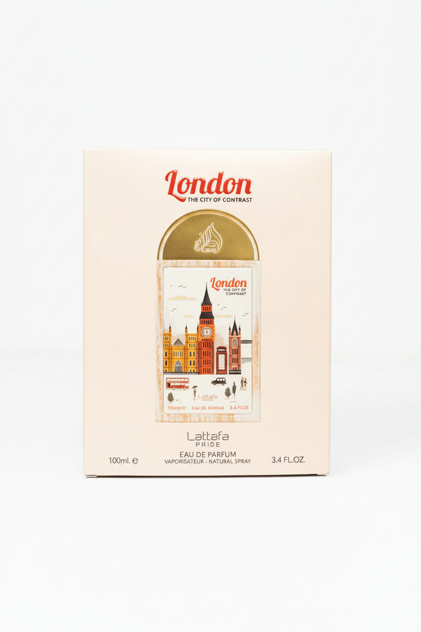 London perfume in wooden box with cityscape illustration