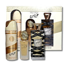 Lattafa Oud Mood gift set with perfume, hair mist, and body spray in elegant bottles