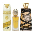 Oud Mood perfume, hair mist, and body spray in luxurious gold and black packaging