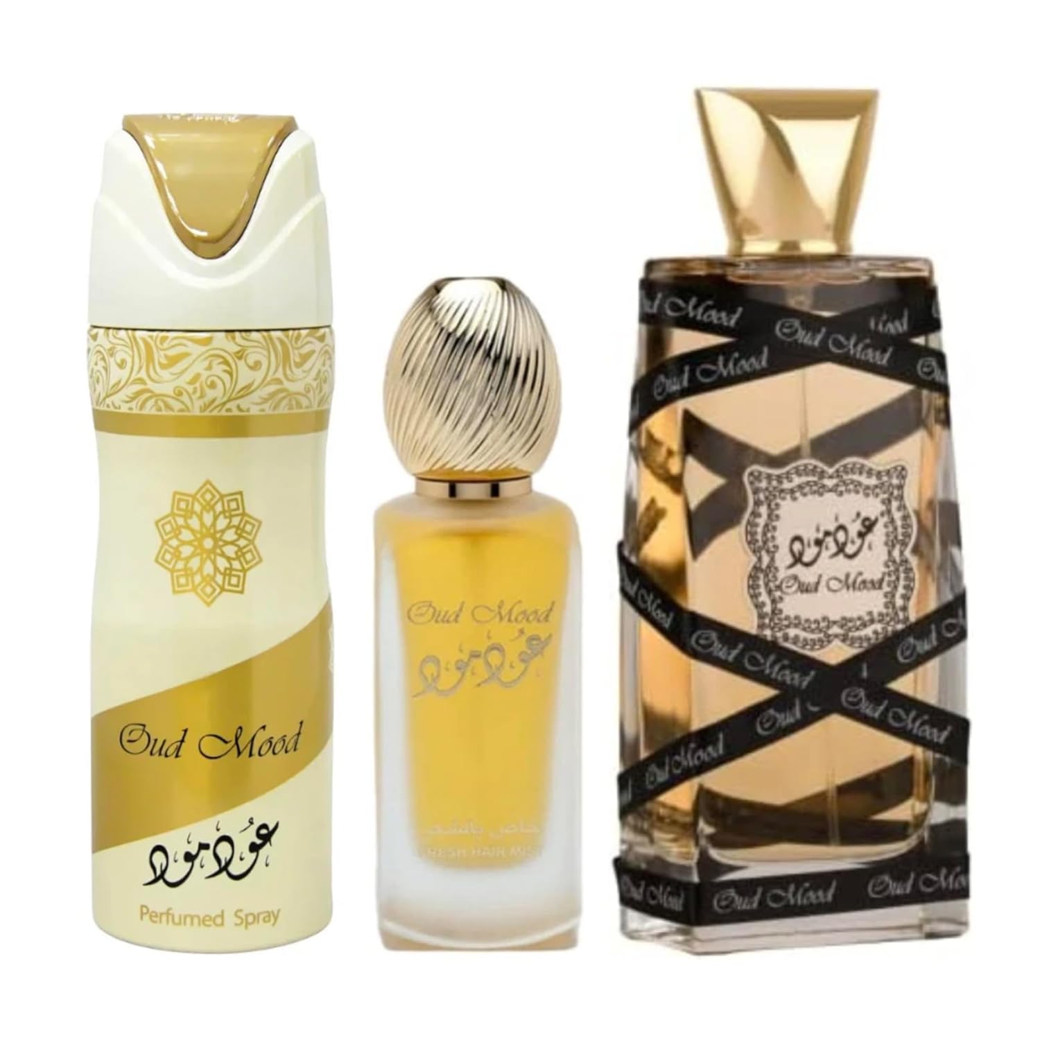 Oud Mood perfume, hair mist, and body spray in luxurious gold and black packaging